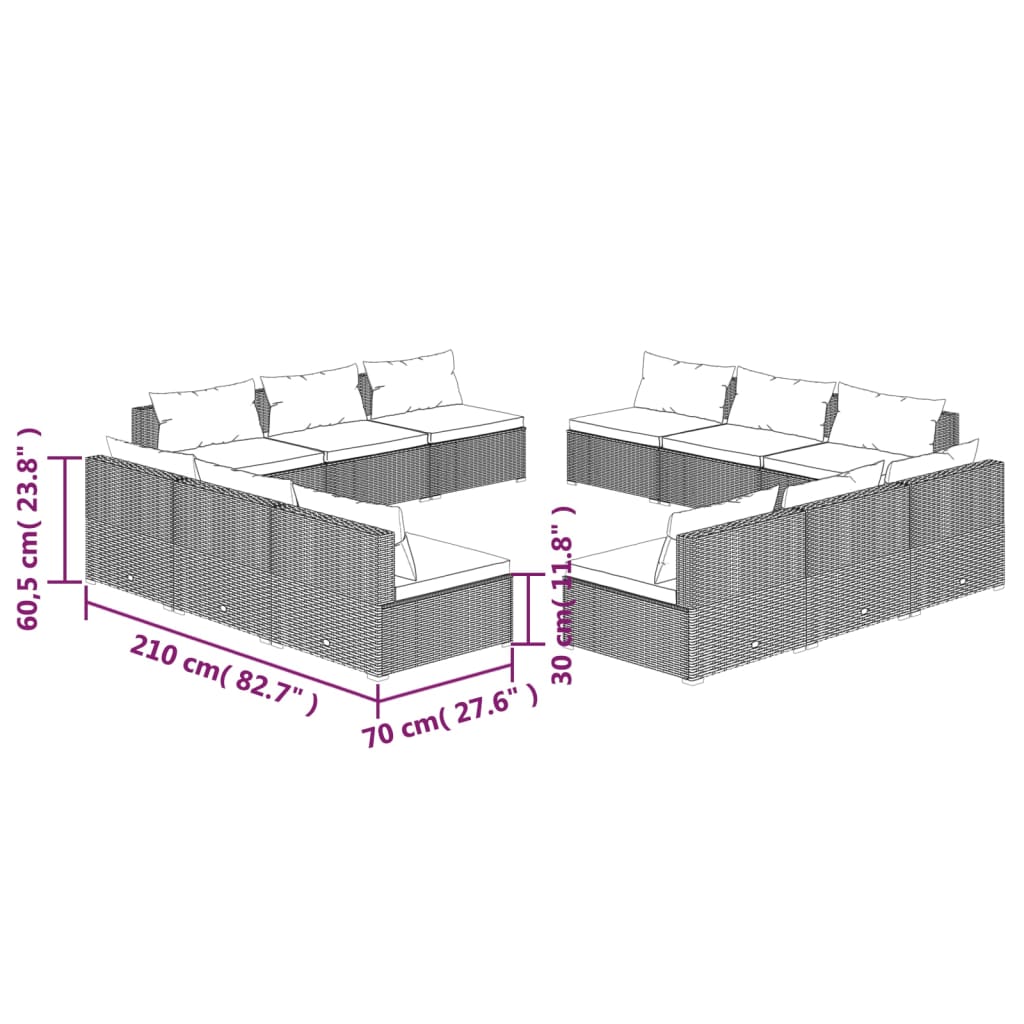 Set Divani da Giardino 12 pz con Cuscini in Polyrattan Grigio cod mxl 35142