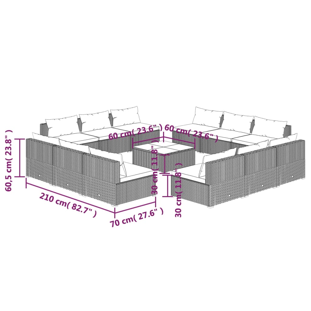 Set da Giardino 13 pz con Cuscini in Polyrattan Marrone cod mxl 35398