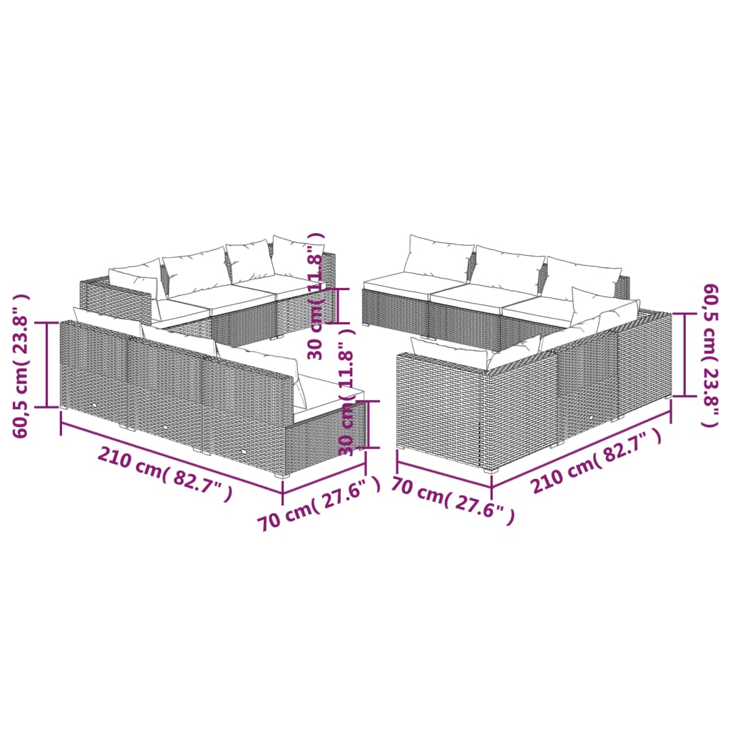 Set Divani da Giardino 12 pz con Cuscini in Polyrattan Nero 3101583