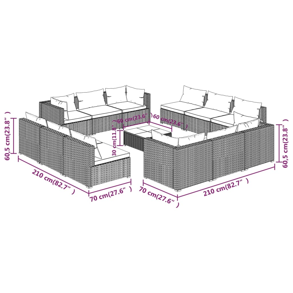 Set Salotto da Giardino 13 pz con Cuscini in Polyrattan Nero cod mxl 34885