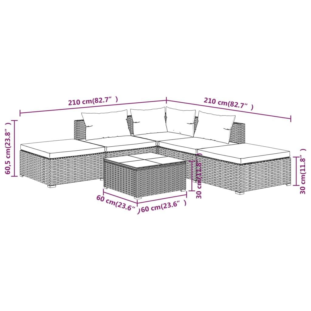 Set Salotto da Giardino 6 pz con Cuscini in Polyrattan Nero cod mxl 41872