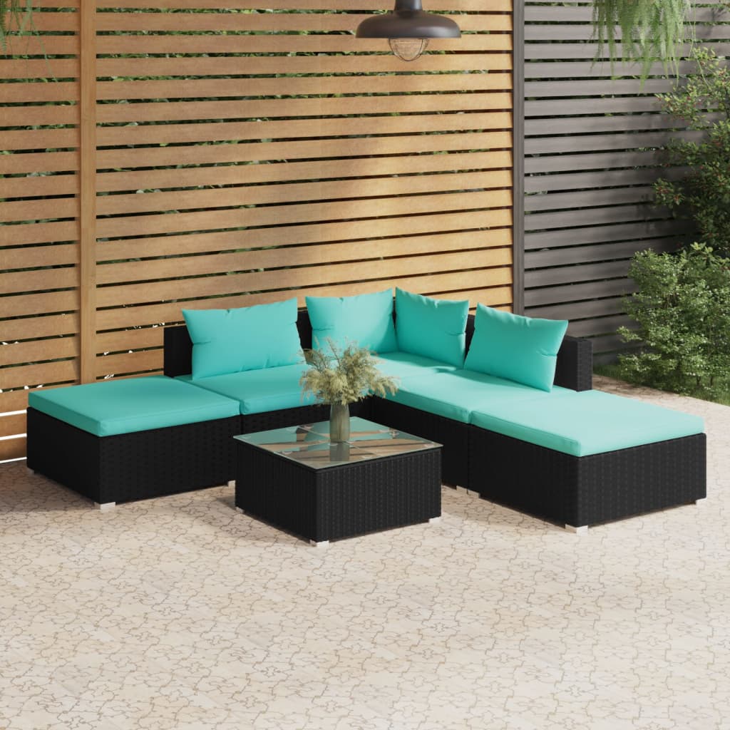 Set Salotto da Giardino 6 pz con Cuscini in Polyrattan Nero cod mxl 41872