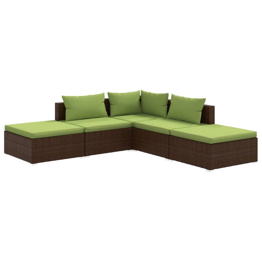 Set Divani da Giardino 5 pz con Cuscini in Polyrattan Marrone cod mxl 44375