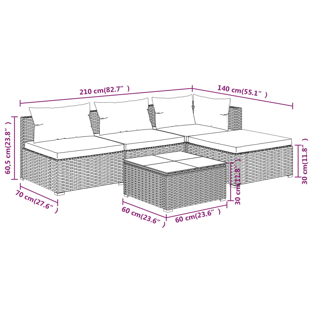 Set Divani da Giardino 5 pz con Cuscini in Polyrattan Nero 3101617