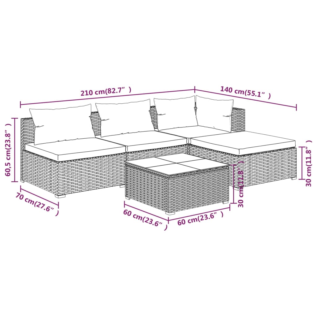 Set Divani da Giardino 5 pz con Cuscini in Polyrattan Marrone cod mxl 53263