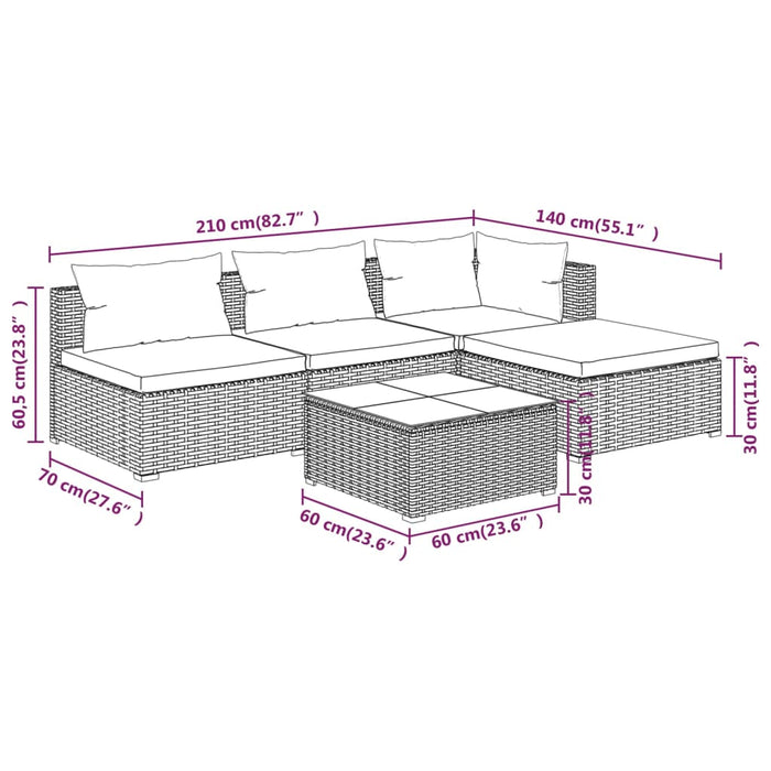 Set Divani da Giardino 5 pz con Cuscini in Polyrattan Marrone cod mxl 53263