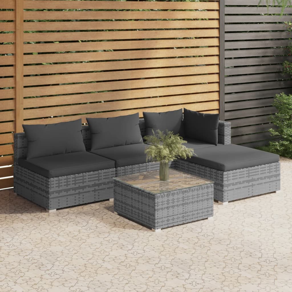 Set Divani da Giardino 5 pz con Cuscini in Polyrattan Grigio cod mxl 44488