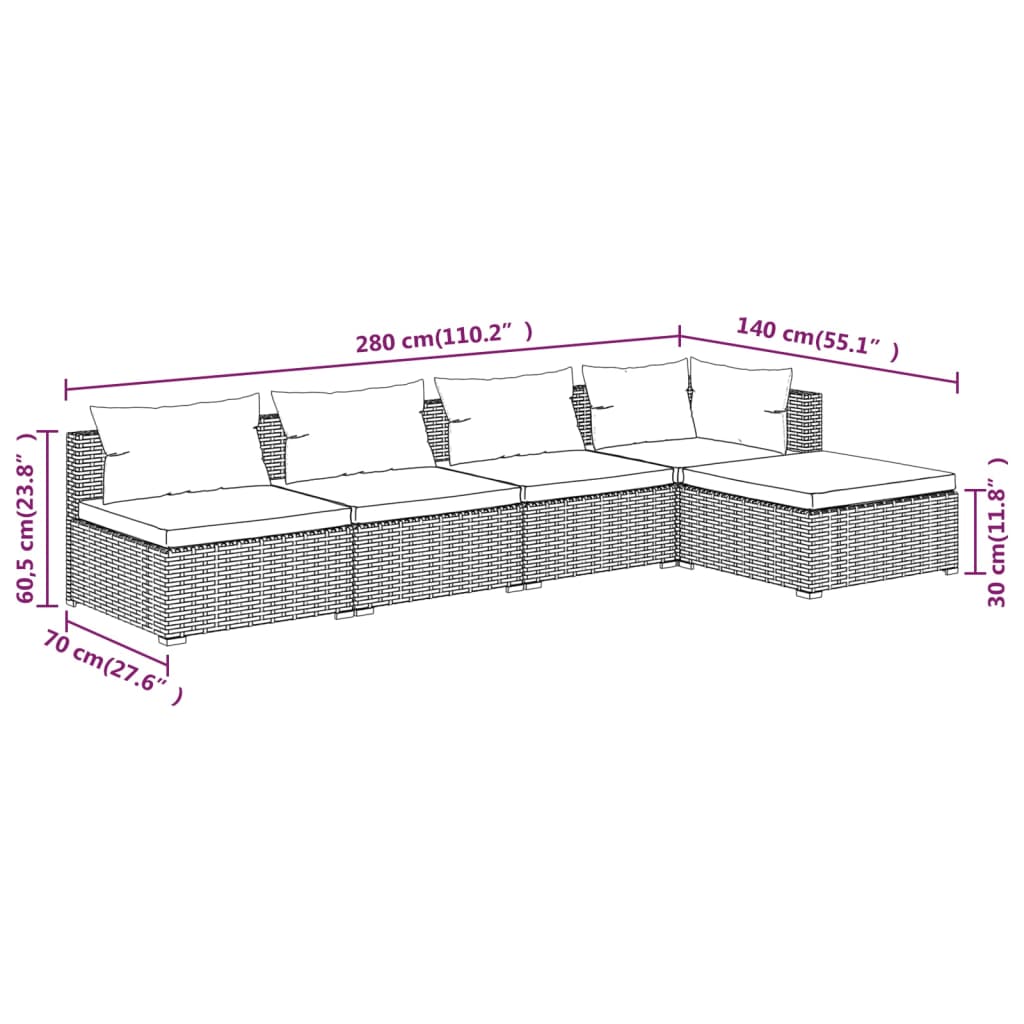 Set Divani da Giardino 5 pz con Cuscini in Polyrattan Nero cod mxl 41882