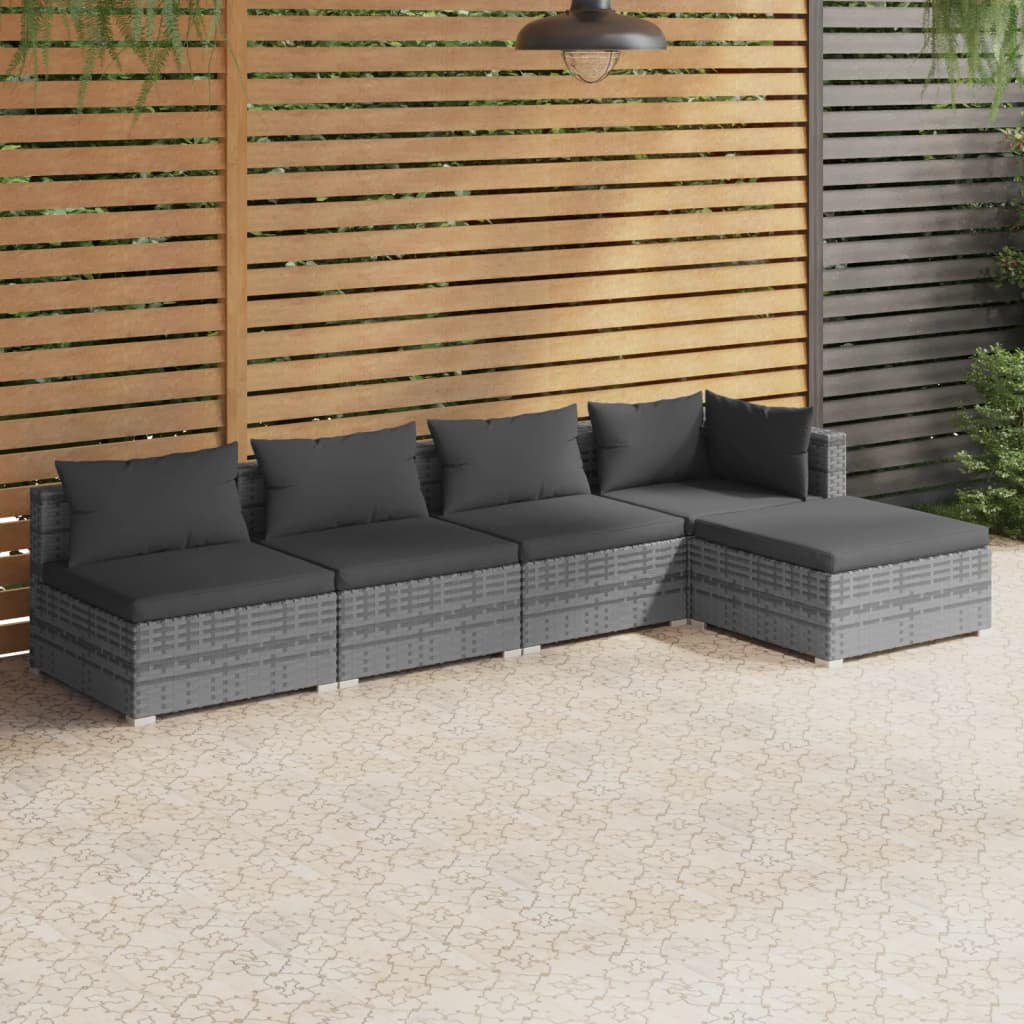 Set Divani da Giardino 5 pz con Cuscini in Polyrattan Grigio cod mxl 53205