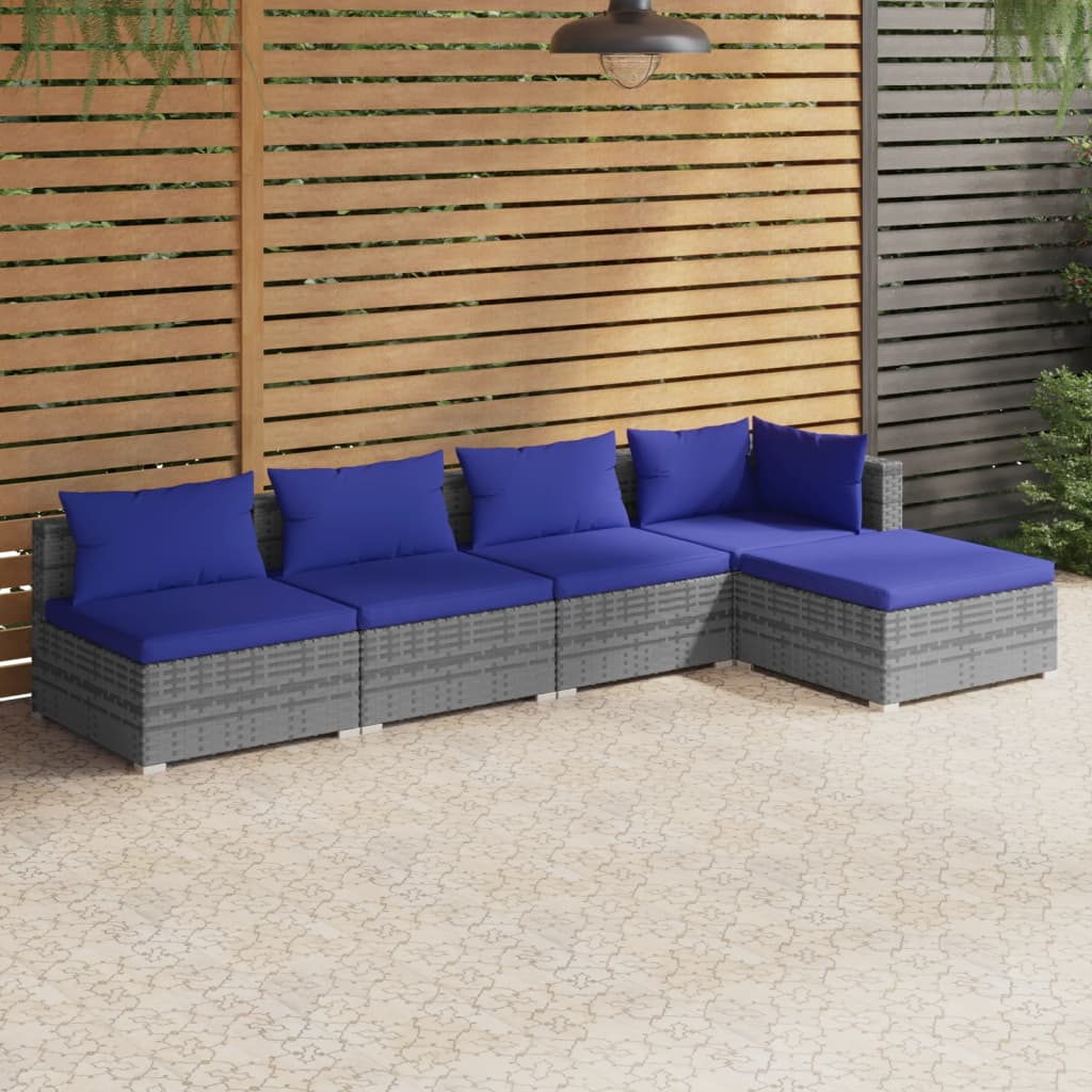 Set Divani da Giardino 5 pz con Cuscini in Polyrattan Grigio cod mxl 38891