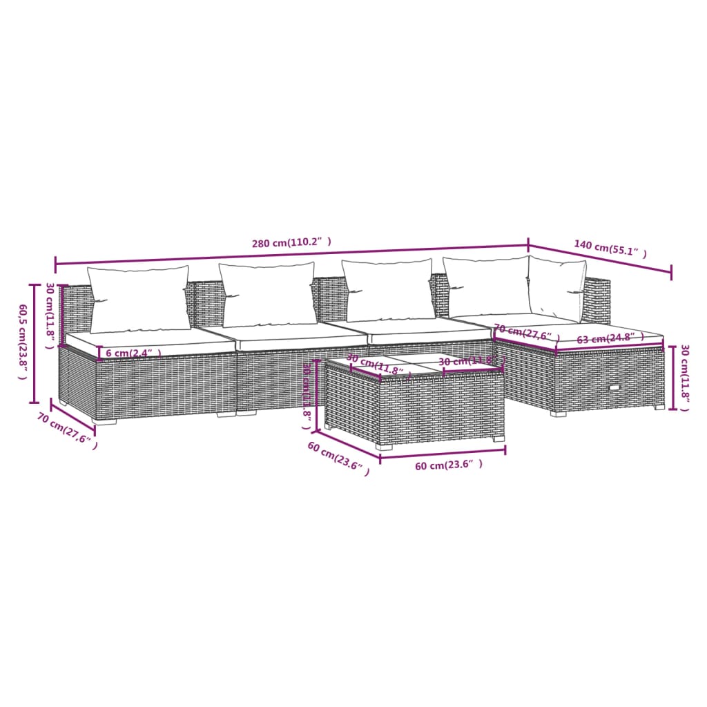 Set Divani da Giardino 6 pz con Cuscini in Polyrattan Marrone 3101634