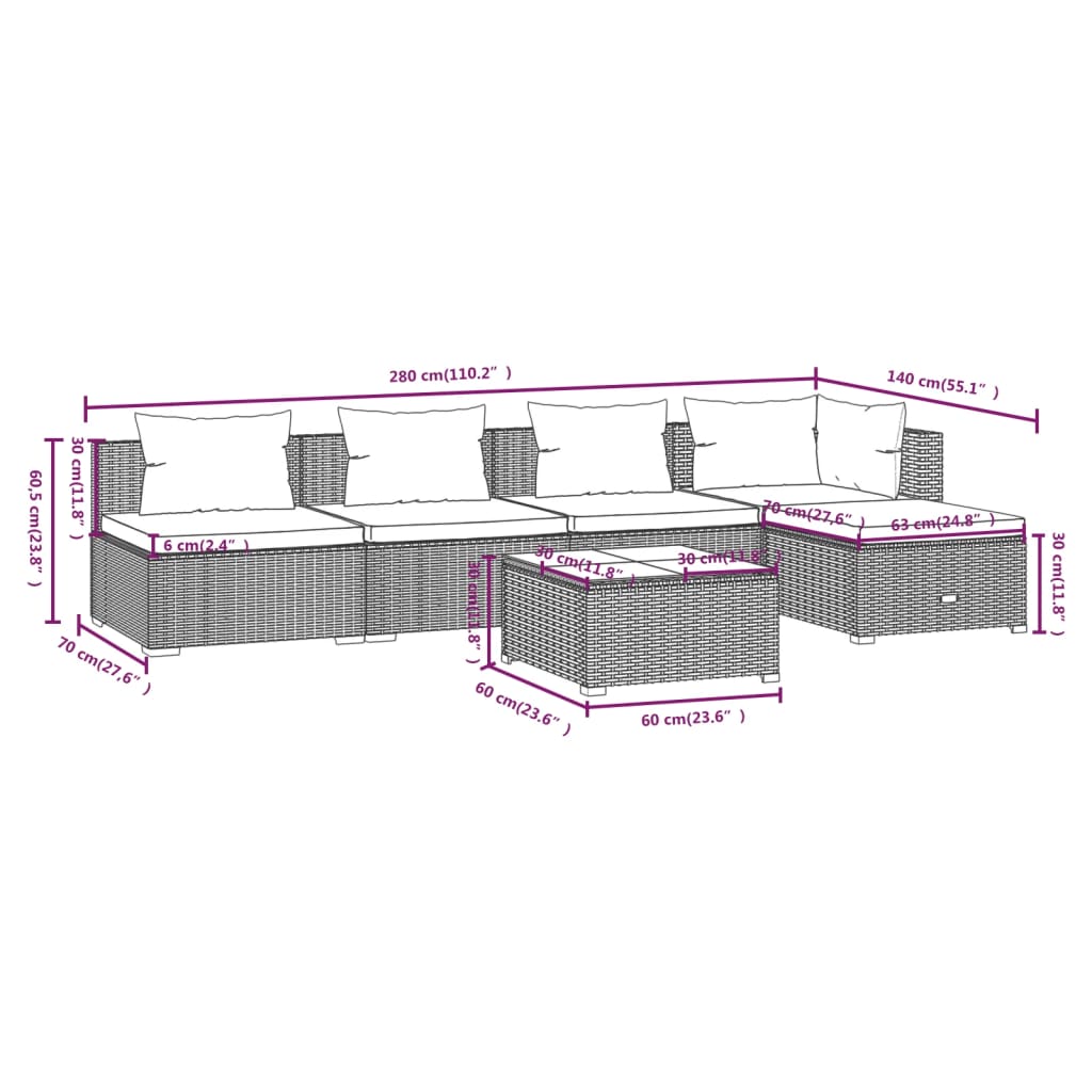 Set Divani da Giardino 6 pz con Cuscini in Polyrattan Marrone 3101635