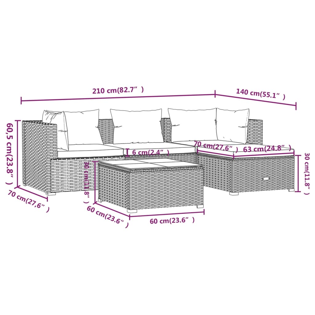 Set Divani da Giardino 6 pz con Cuscini in Polyrattan Grigio cod mxl 38887