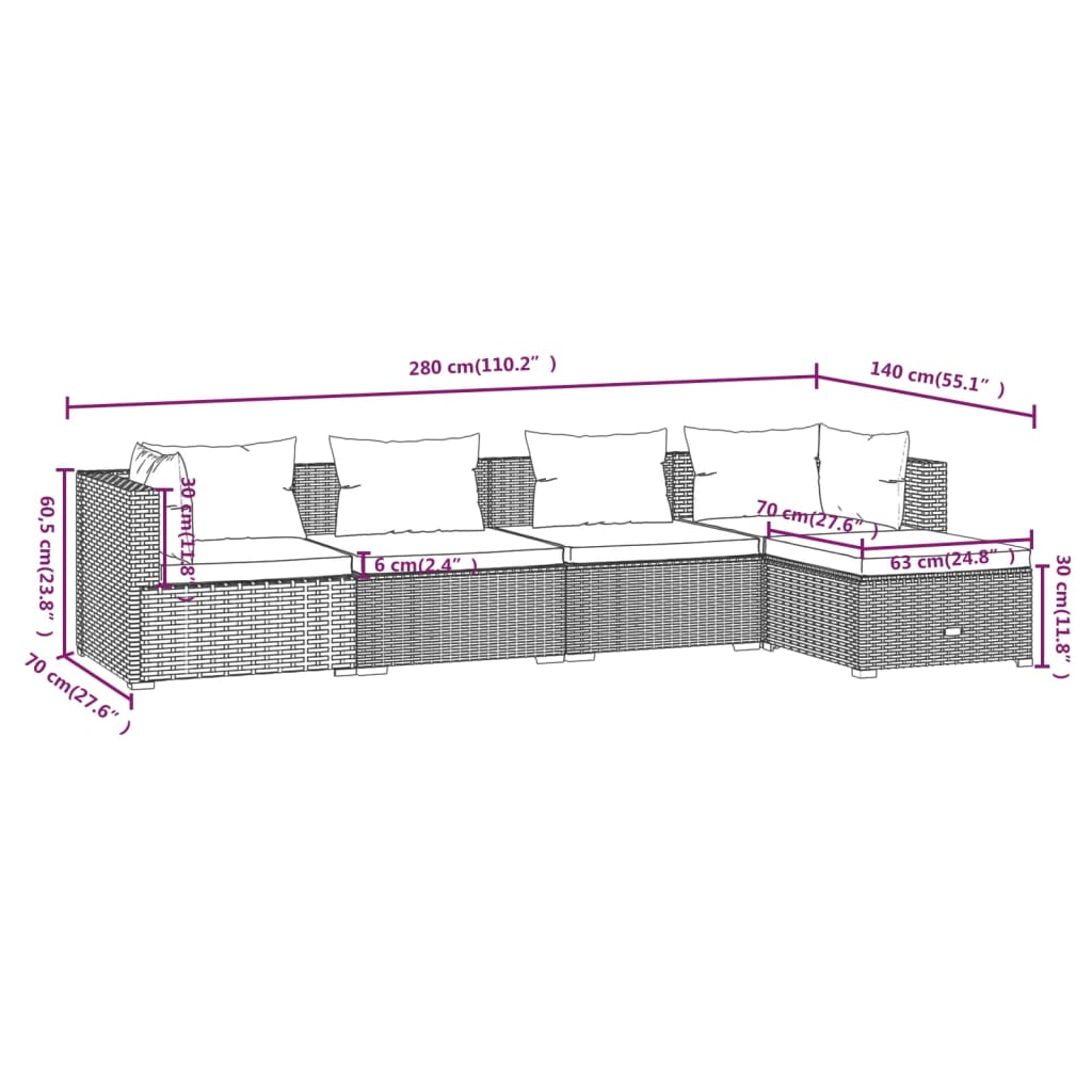 Set Salotto da Giardino 5 pz con Cuscini in Polyrattan Nero 3101655