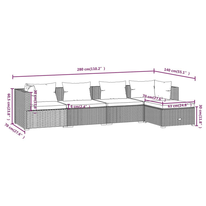 Set Divani da Giardino 5 pz con Cuscini in Polyrattan Marrone cod mxl 38894