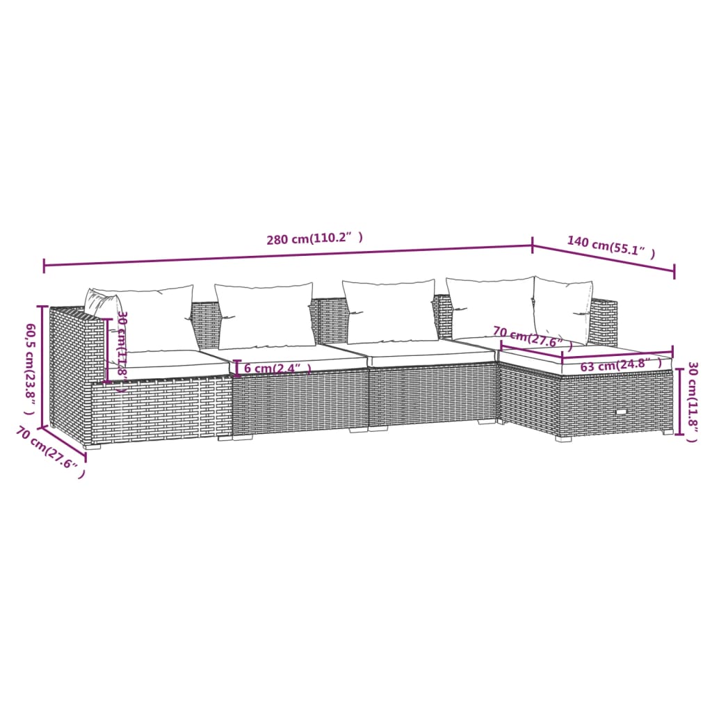 Set Divani da Giardino 5 pz con Cuscini in Polyrattan Grigio 3101661