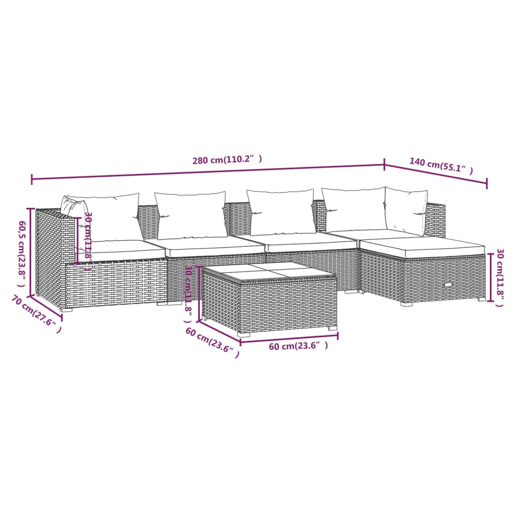 Set Salotto da Giardino 6 pz con Cuscini in Polyrattan Nero 3101663