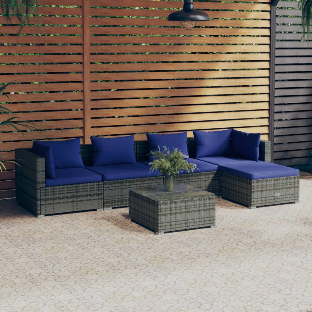 Set Divani da Giardino 6 pz con Cuscini in Polyrattan Grigio cod mxl 38900