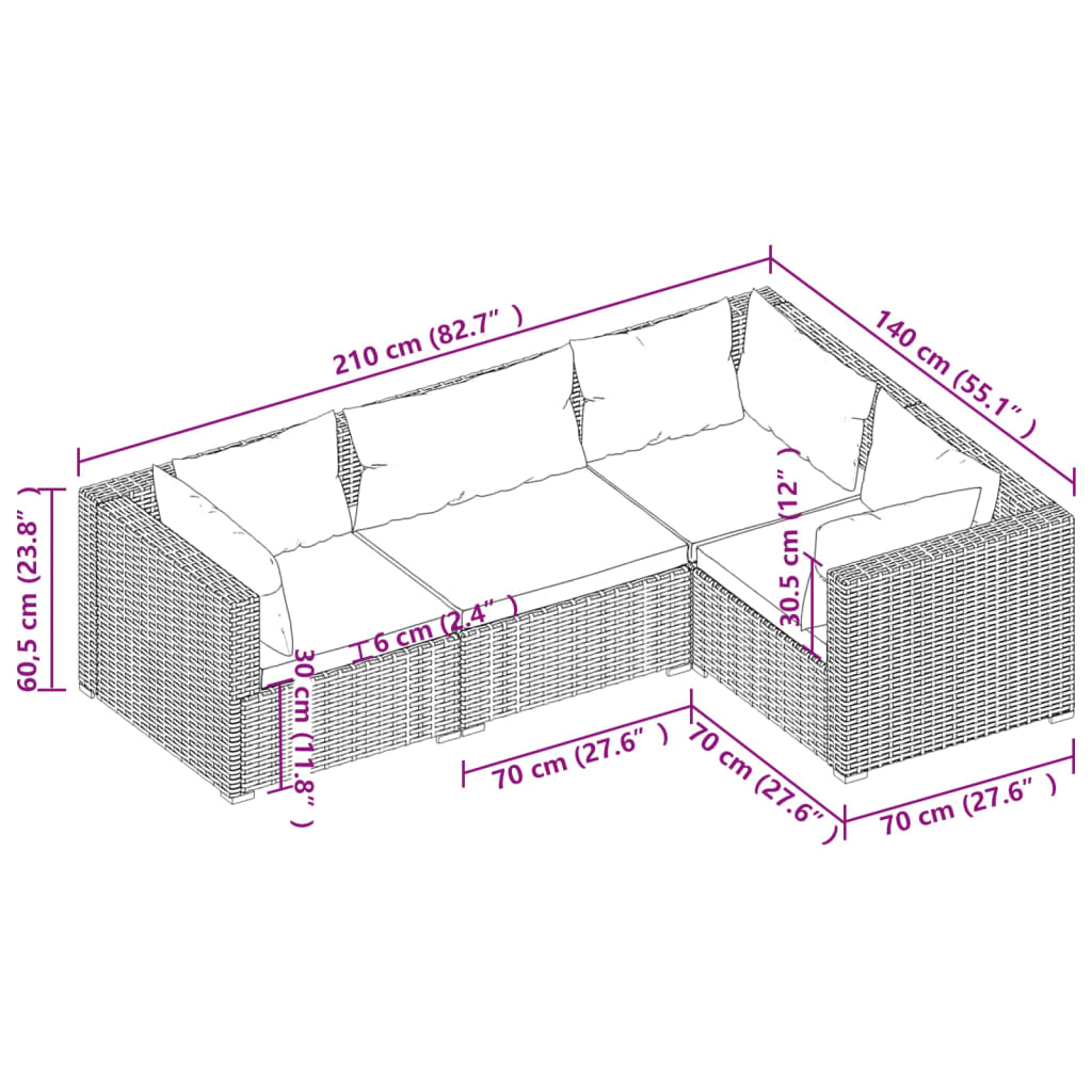 Set Divani da Giardino 4 pz con Cuscini in Polyrattan Nero cod mxl 30741