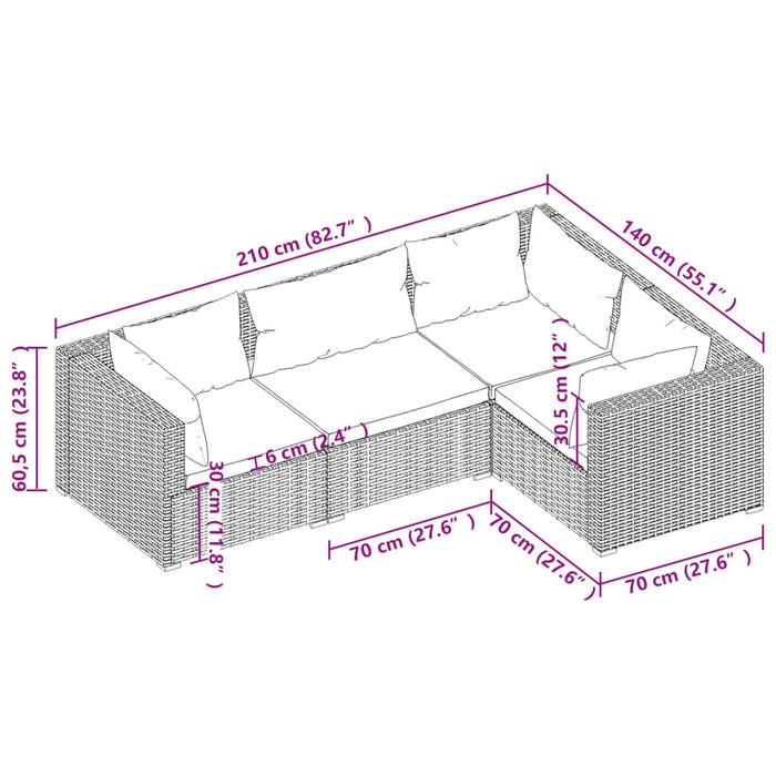 Set Divani da Giardino 4 pz con Cuscini in Polyrattan Nero cod mxl 43096