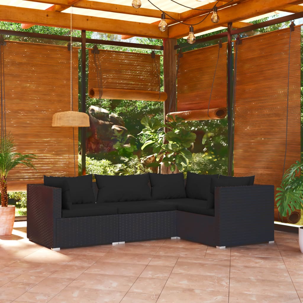 Set Divani da Giardino 4 pz con Cuscini in Polyrattan Nero cod mxl 43096