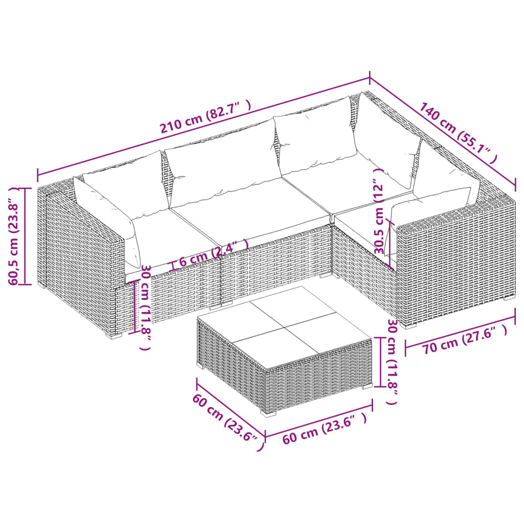 Set Salotto da Giardino 5 pz con Cuscini in Polyrattan Nero 3101679