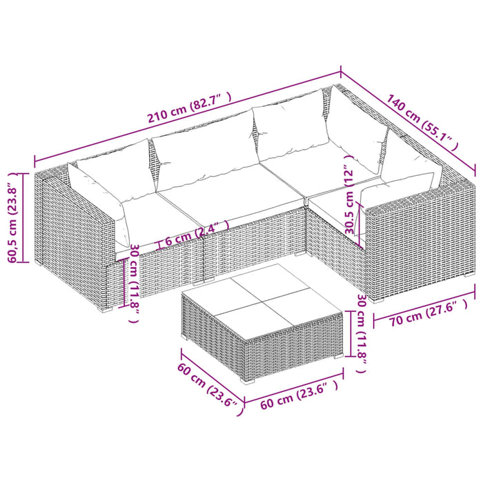 Set Salotto da Giardino 5 pz con Cuscini in Polyrattan Nero 3101679