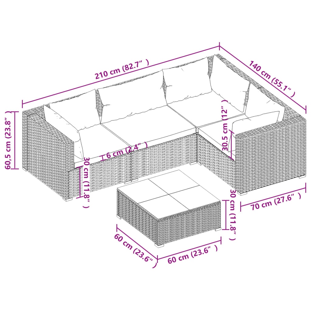 Set Salotto da Giardino 5 pz con Cuscini in Polyrattan Nero cod mxl 50878