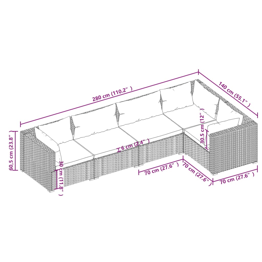 Set Divani da Giardino 5 pz con Cuscini in Polyrattan Nero 3101687