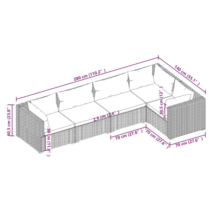 Set Divani da Giardino 5 pz con Cuscini in Polyrattan Nero 3101689