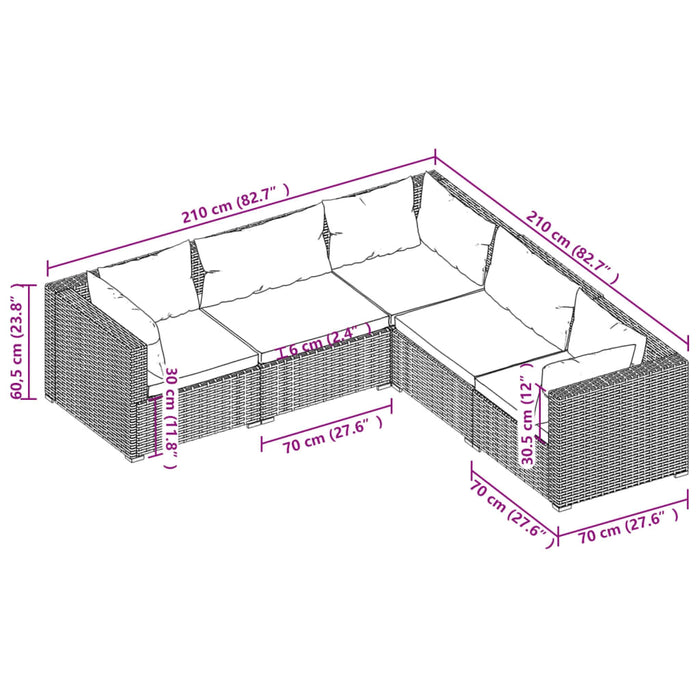 Set Divani da Giardino con Cuscini 5 pz in Polyrattan Nero cod mxl 35131