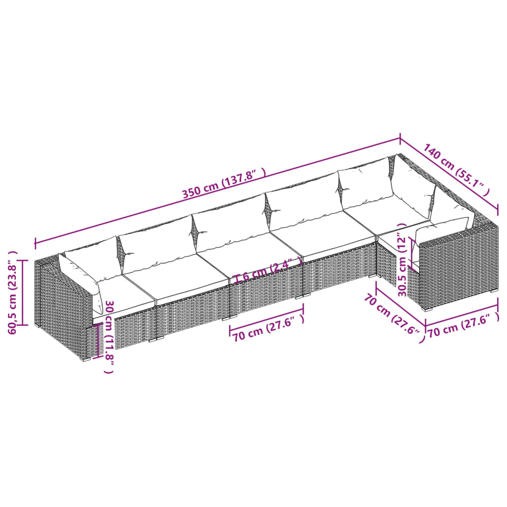 Set Divani da Giardino 6 pz con Cuscini in Polyrattan Nero cod mxl 40382