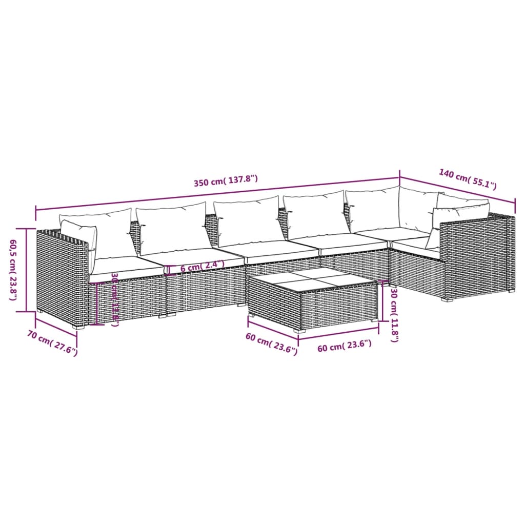 Set Divani da Giardino 7 pz con Cuscini in Polyrattan Nero cod mxl 39460