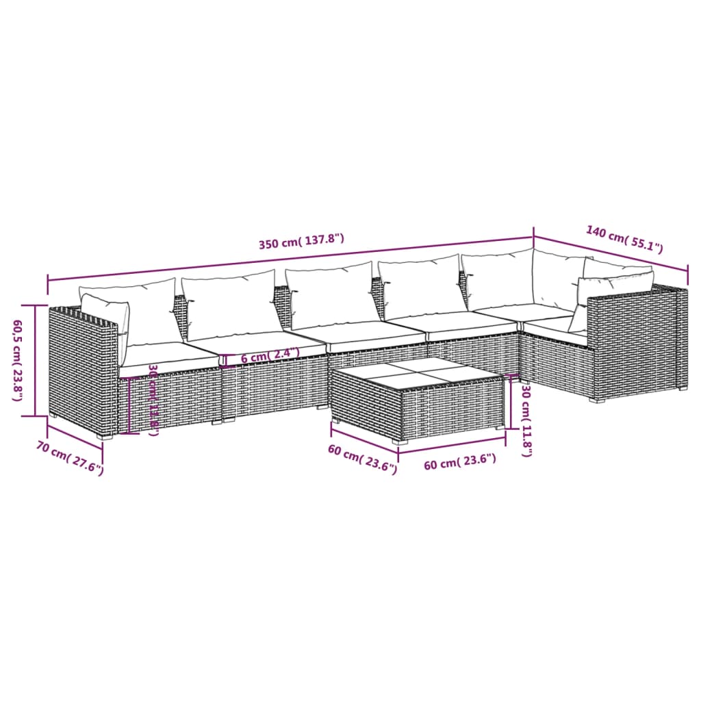 Set Divani da Giardino 7 pz con Cuscini in Polyrattan Grigio 3101725