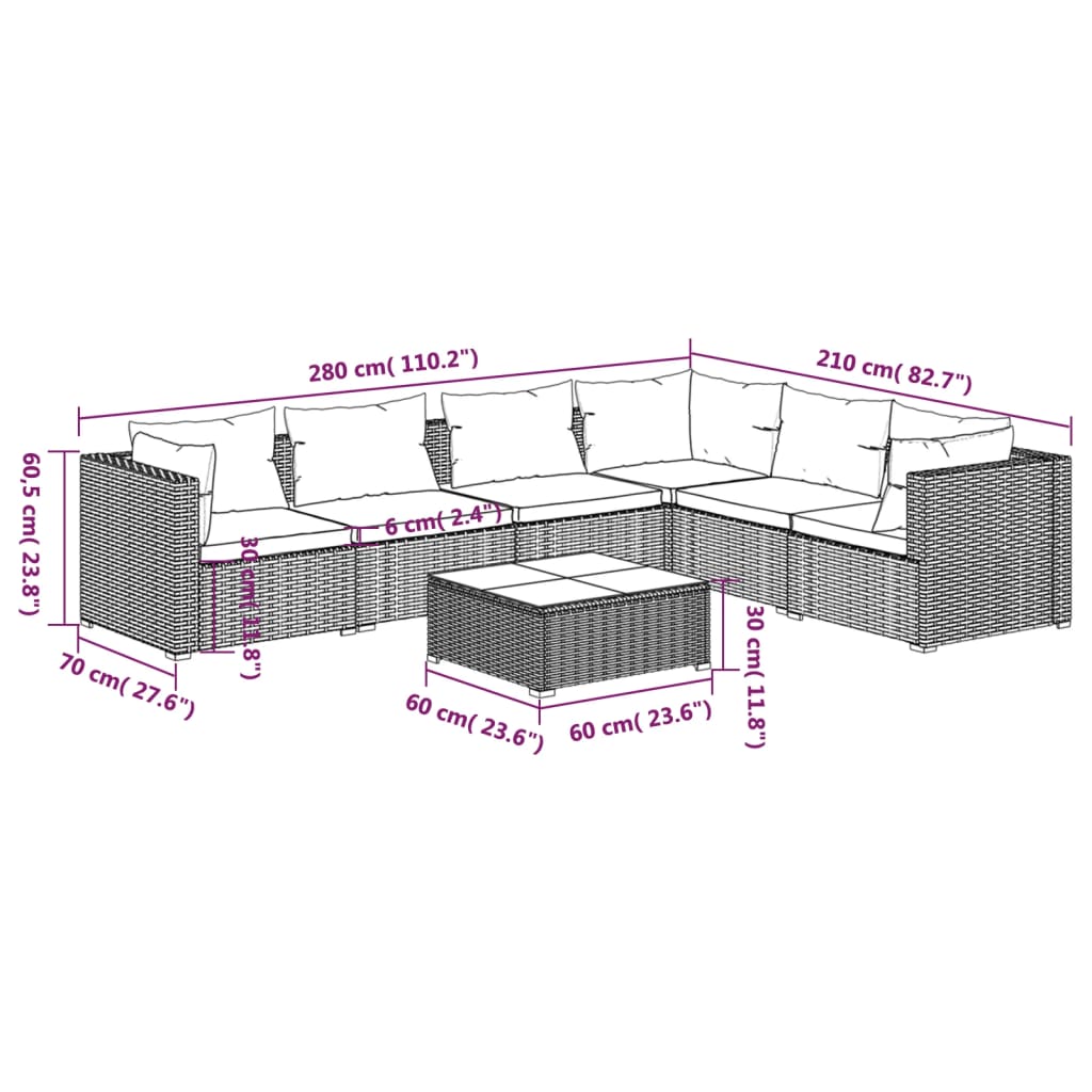 Set Salotto da Giardino 7 pz con Cuscini in Polyrattan Nero 3101727