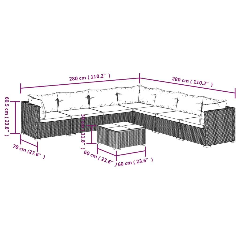 Set Divani da Giardino con Cuscini 8 pz in Polyrattan Nero cod mxl 56322