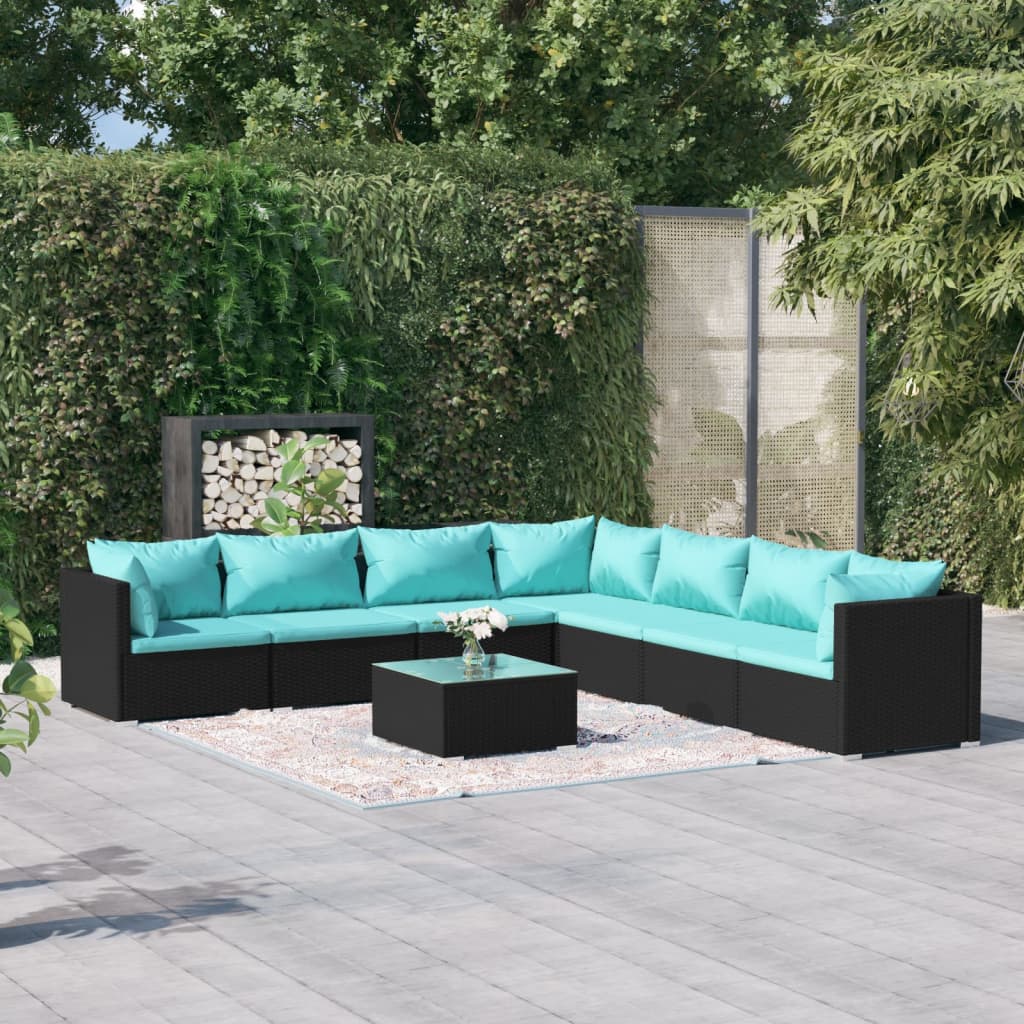 Set Divani da Giardino 8 pz con Cuscini in Polyrattan Nero 3101761