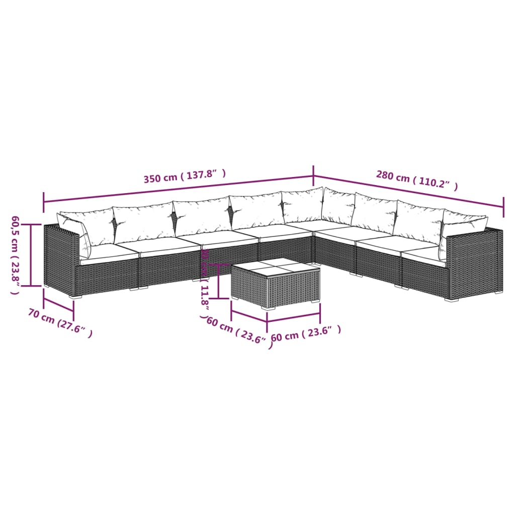 Set Salotto da Giardino 9 pz con Cuscini in Polyrattan Nero 3101775