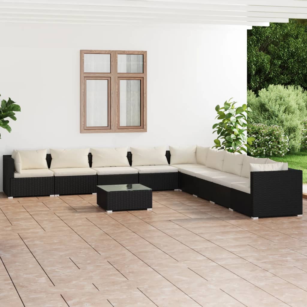 Set Salotto da Giardino 10 pz con Cuscini in Polyrattan Nero cod mxl 32619