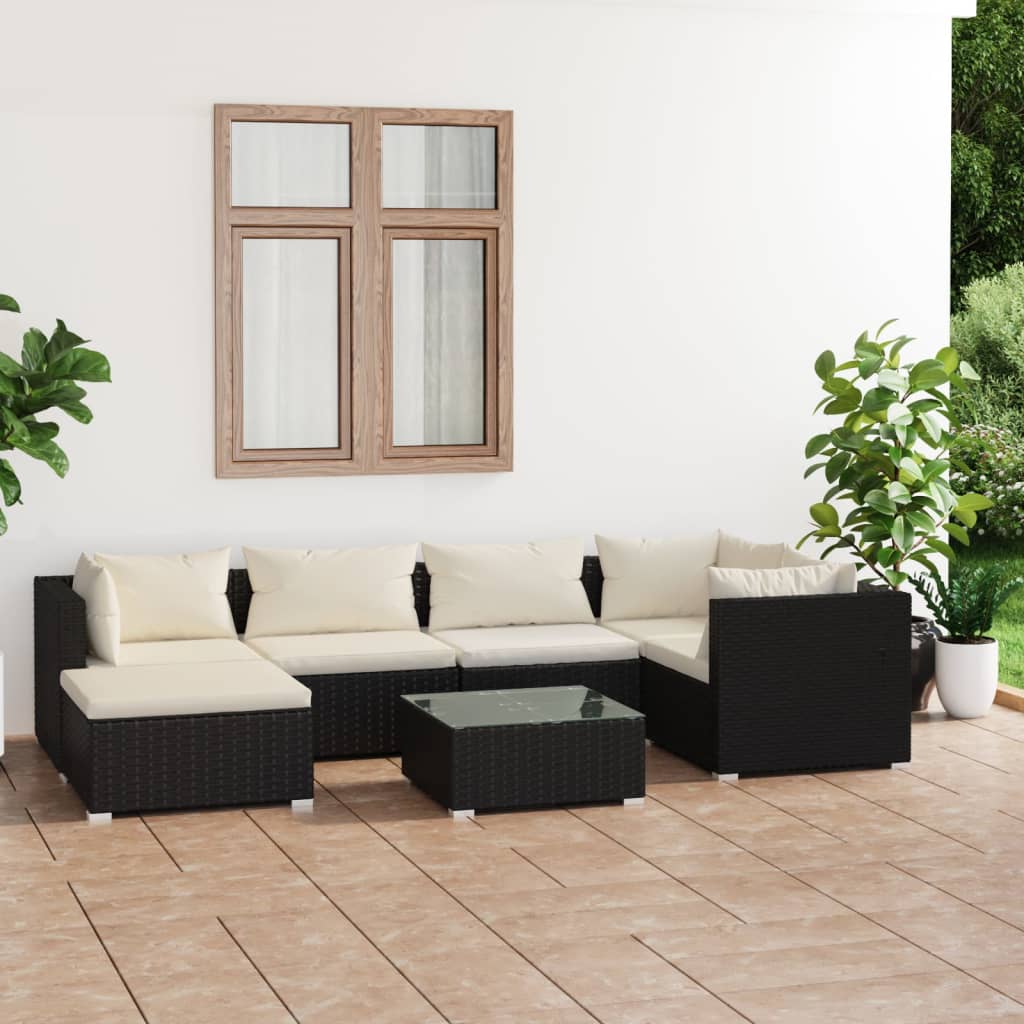 Set Divani da Giardino 7 pz con Cuscini in Polyrattan Nero 3101815