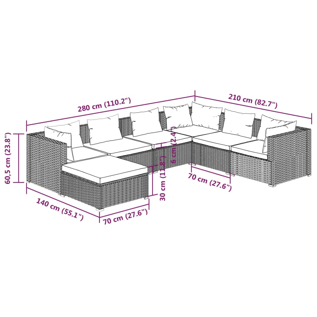 Set Salotto da Giardino 7 pz con Cuscini in Polyrattan Nero 3101831