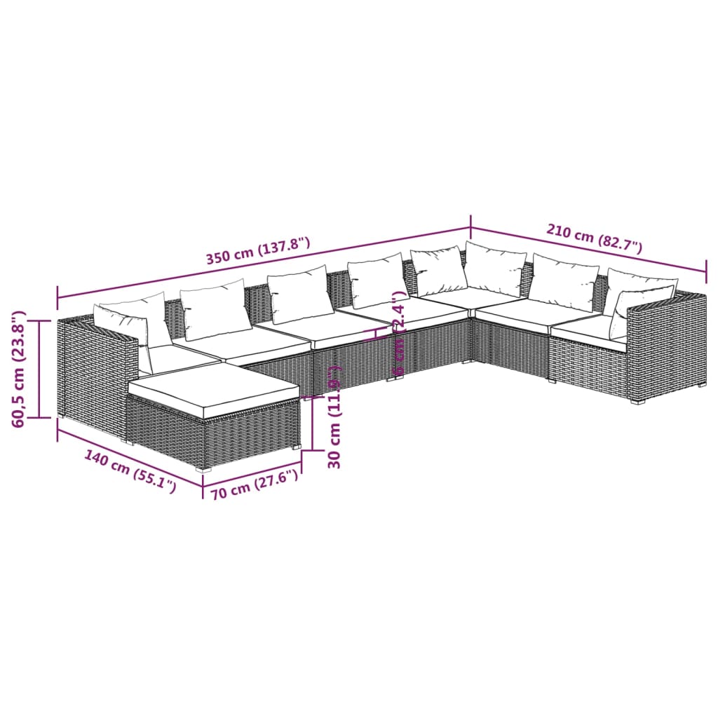 Set Salotto da Giardino 8 pz con Cuscini in Polyrattan Nero cod mxl 57062