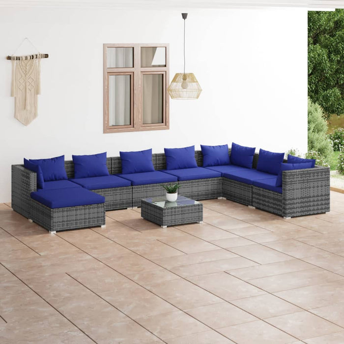 Set Divani da Giardino 9 pz con Cuscini in Polyrattan Grigio 3101870