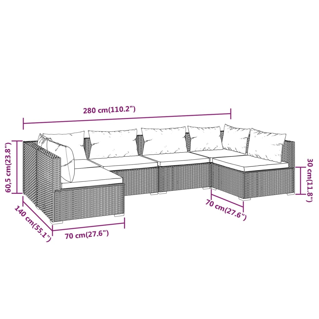 Set Divani da Giardino 6 pz con Cuscini in Polyrattan Marrone cod mxl 49843