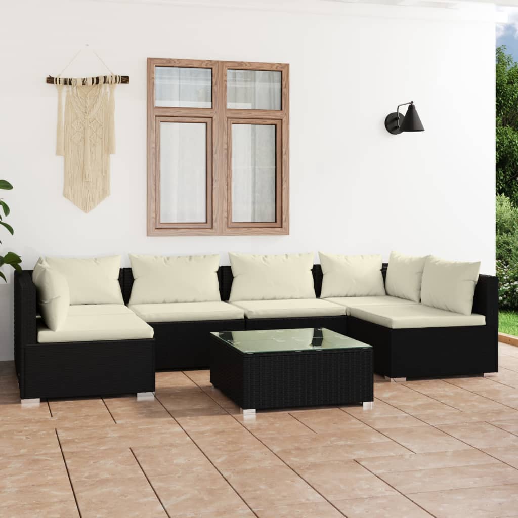 Set Salotto da Giardino 7 pz con Cuscini in Polyrattan Nero 3101879