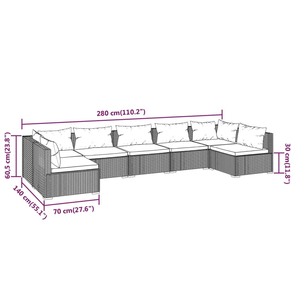 Set Salotto da Giardino 7 pz con Cuscini in Polyrattan Nero cod mxl 57056