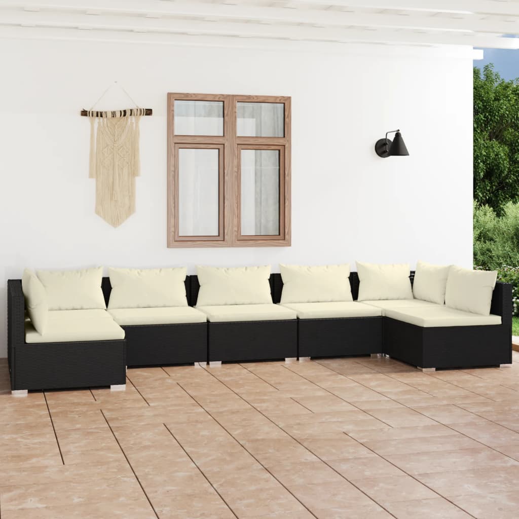 Set Salotto da Giardino 7 pz con Cuscini in Polyrattan Nero cod mxl 57056