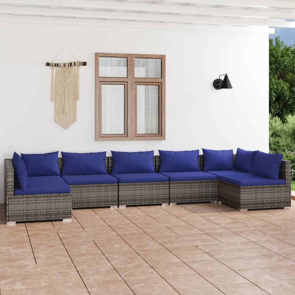 Set Divani da Giardino 7 pz con Cuscini in Polyrattan Grigio cod mxl 44756