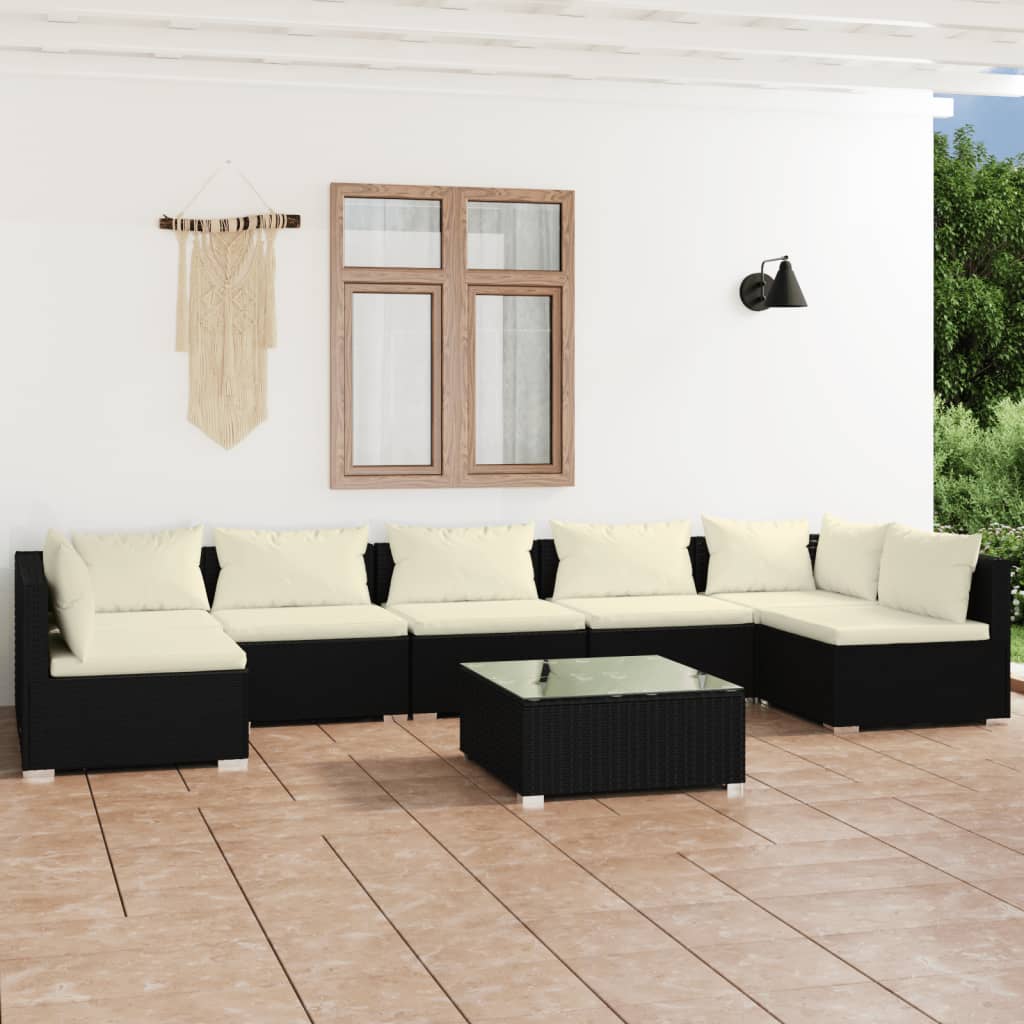 Set Salotto da Giardino 8 pz con Cuscini in Polyrattan Nero cod mxl 56313