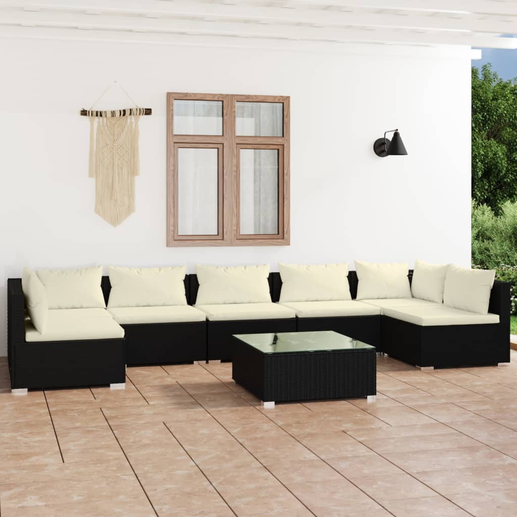 Set Salotto da Giardino 8 pz con Cuscini in Polyrattan Nero 3101895